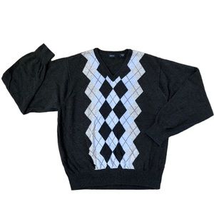IZOD Gray Argyle V-Neck 100% Cotton Preppy Sweater Mens size L Large